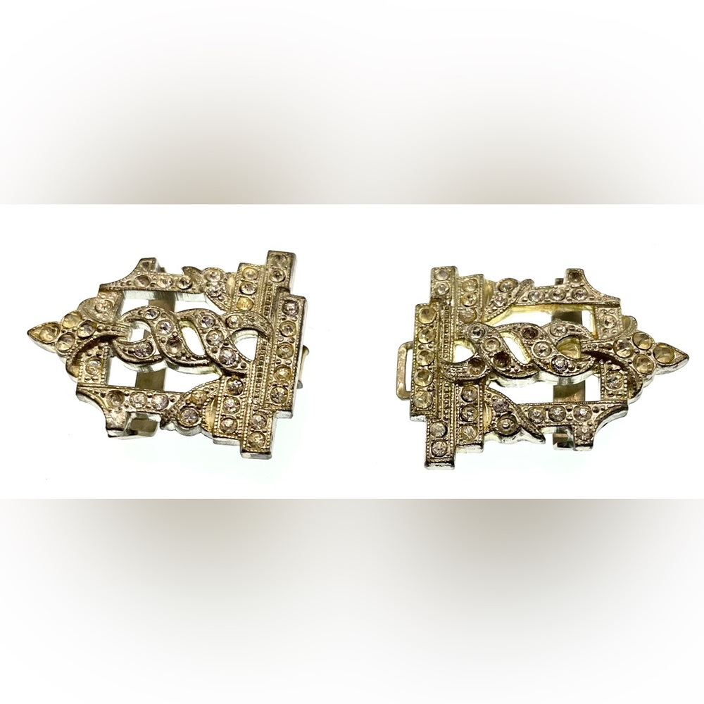 Vintage Art Deco Silver Tone Belt Buckle Faceted Crystals - Picture 3 of 5